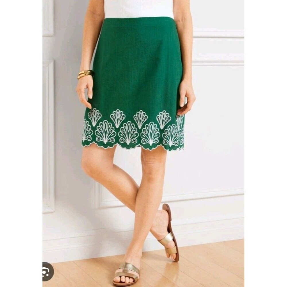 Talbots Green Linen Blend Embroidered Skirt 2‎ Petite